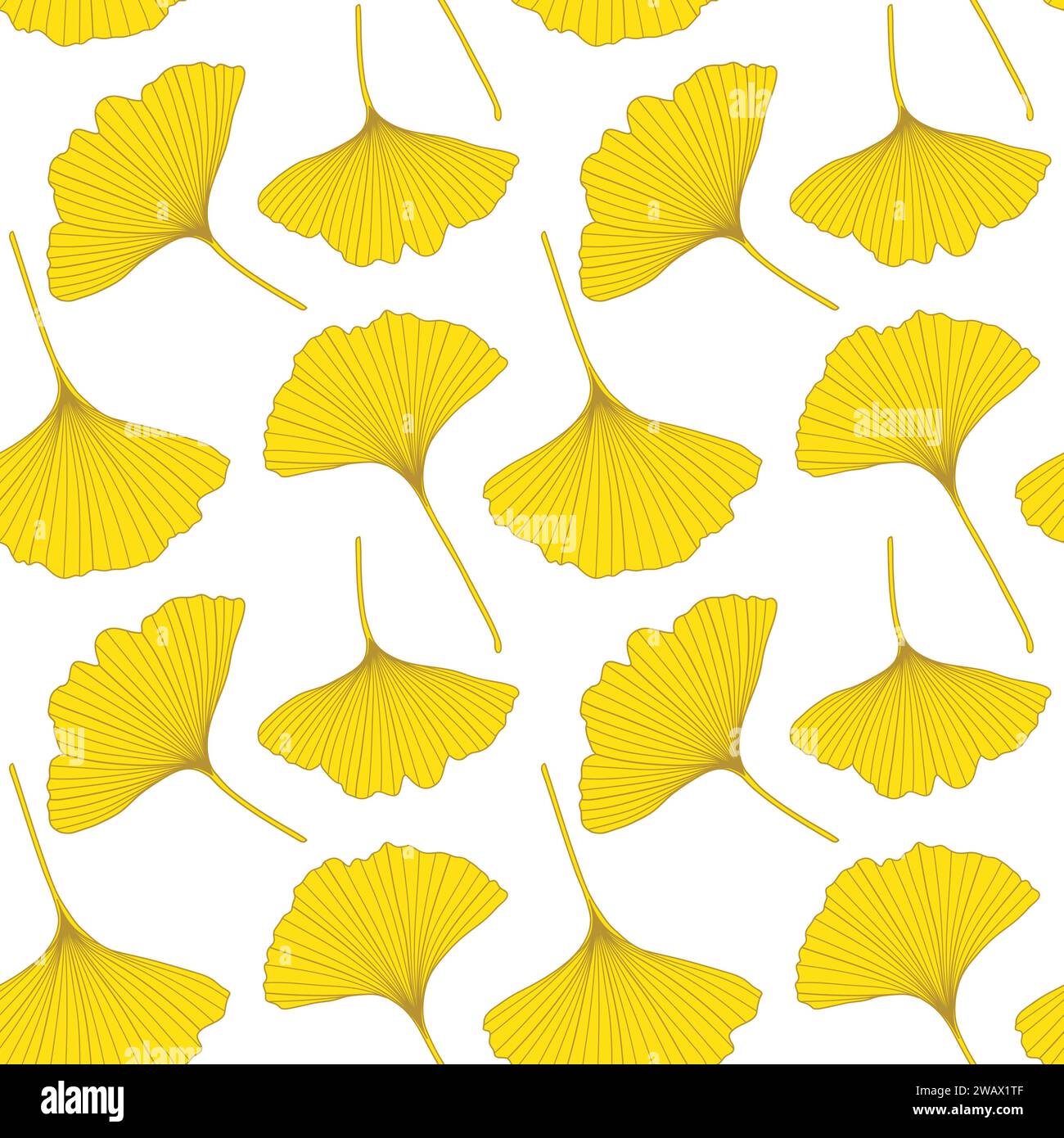 Motivo senza cuciture per piante di ginkgo giallo brillante. Ginkgo biloba, contorni delle foglie, sagome, illustrazione vettoriale. Tessuto con motivo floreale autunnale ripetuto Illustrazione Vettoriale
