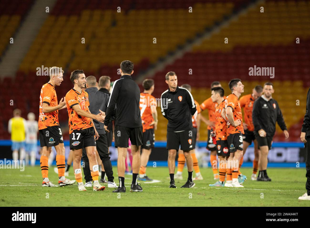 Brisbane, Australia. 6 gennaio 2024. Fischio finale all'Isuzu Ute A League match tra Brisbane Roar FC e Sydney FC al Suncorp Stadium Foto Stock