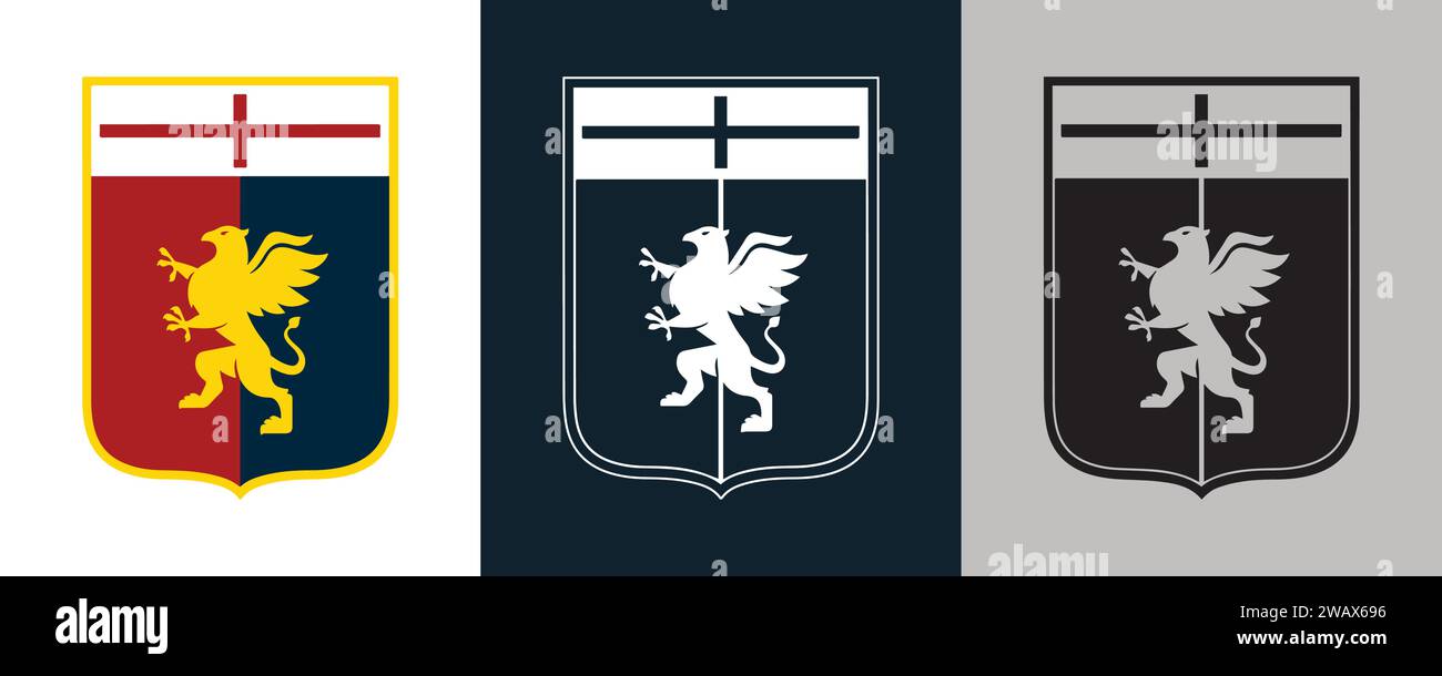 Genoa CFC colore bianco e nero Logo a 3 stili squadra di calcio professionistica italiana, illustrazione vettoriale Abstract immagine modificabile Illustrazione Vettoriale