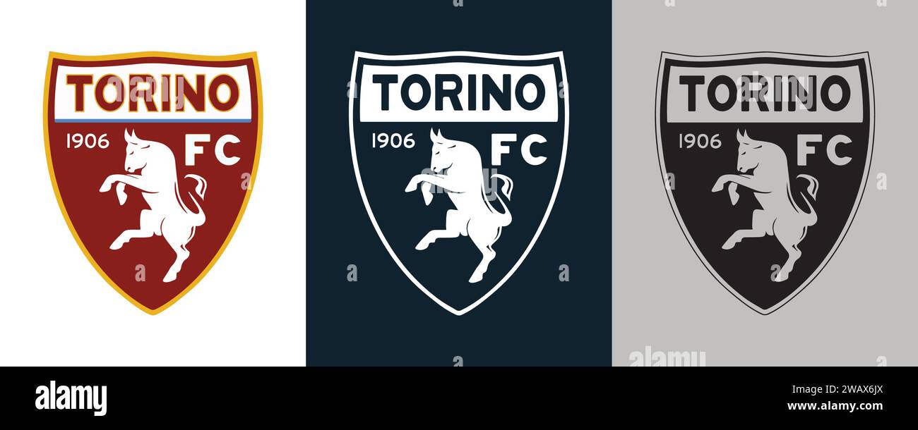 Torino FC colore bianco e nero Logo a 3 stili club di calcio professionistico italiano, illustrazione vettoriale immagine riassuntiva modificabile Illustrazione Vettoriale