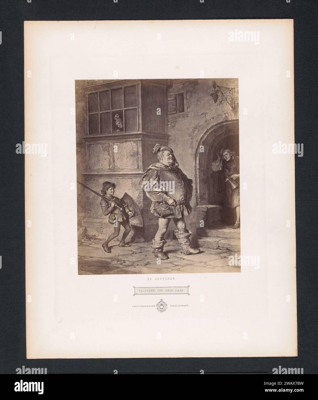 Fotoreproductie van Falstaff e la sua pagina Door Eduard von Grützner, Photographic Society Berlin, dopo Eduard von Grützner, c. 1873 - in o prima c. 1878 Fotografia questa foto fa parte di una copertina con sette foto, una pagina del titolo con una foto e un testo in alto. Supporto fotografico per la stampa di albumi Falstaff. opere specifiche di letteratura. pagina, footboy Foto Stock