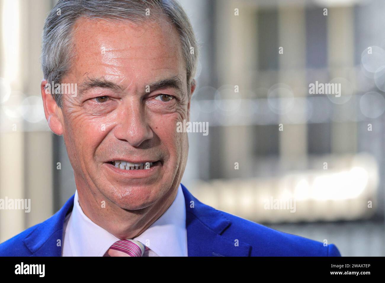 Nigel Farage, emittente televisiva, ex leader del Partito per l’indipendenza del Regno Unito, UKIP, e del Partito Brexit, ex politico britannico Foto Stock