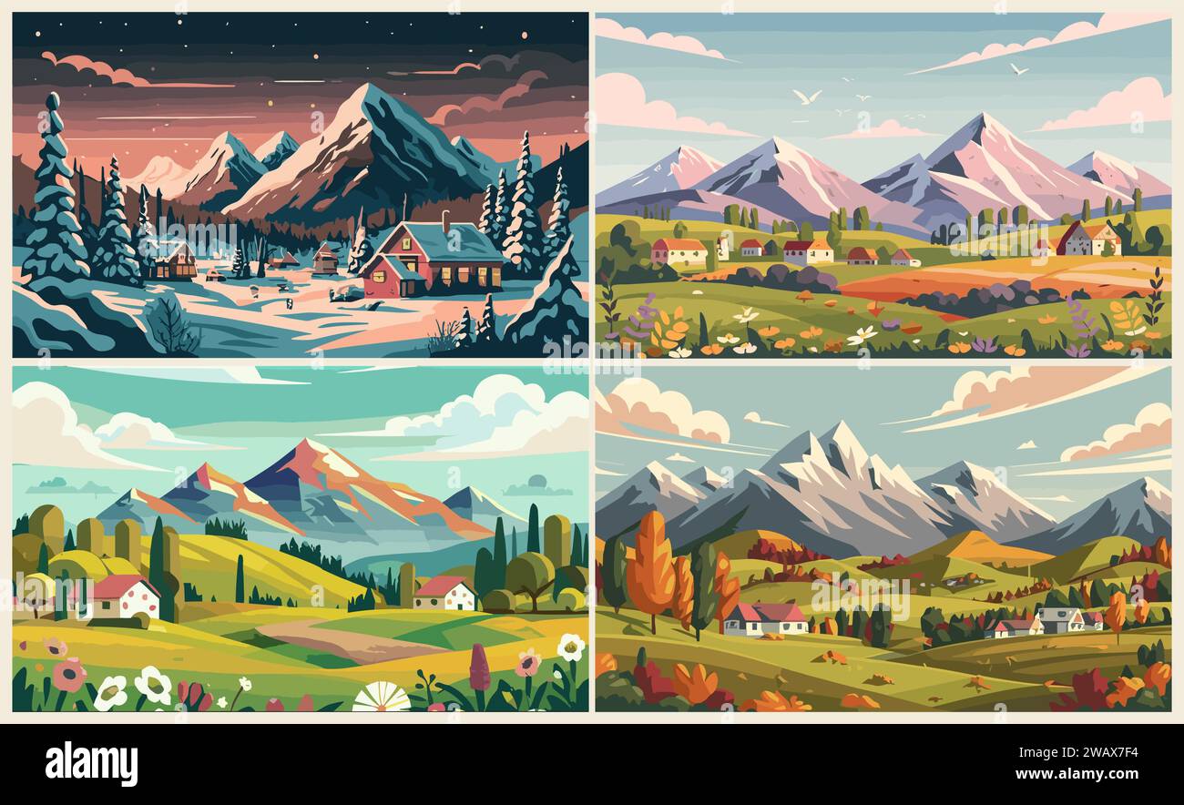 Set di quattro stagioni sfondi, banner vettoriali. Illustrazione Vettoriale