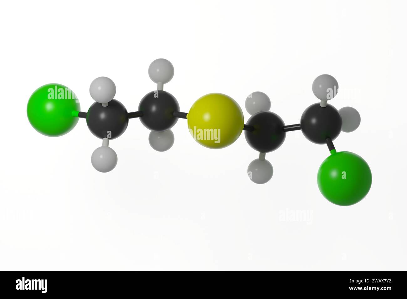 Modello a sfera e bastone di molecola di senape zolfo (gas di senape), su sfondo bianco Foto Stock