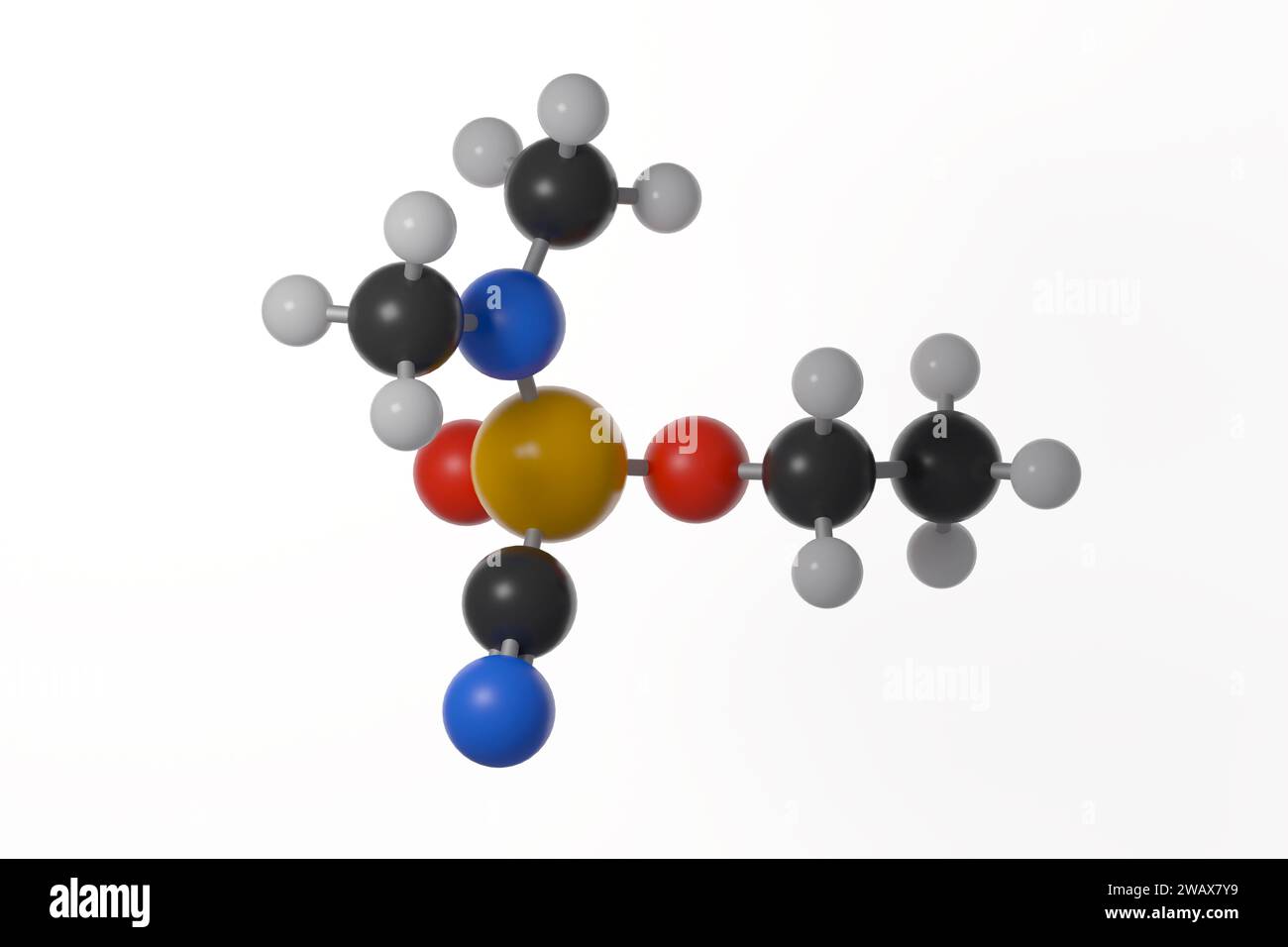 Modello a sfera e bastone di molecola tabun con tripli legami, su sfondo bianco Foto Stock