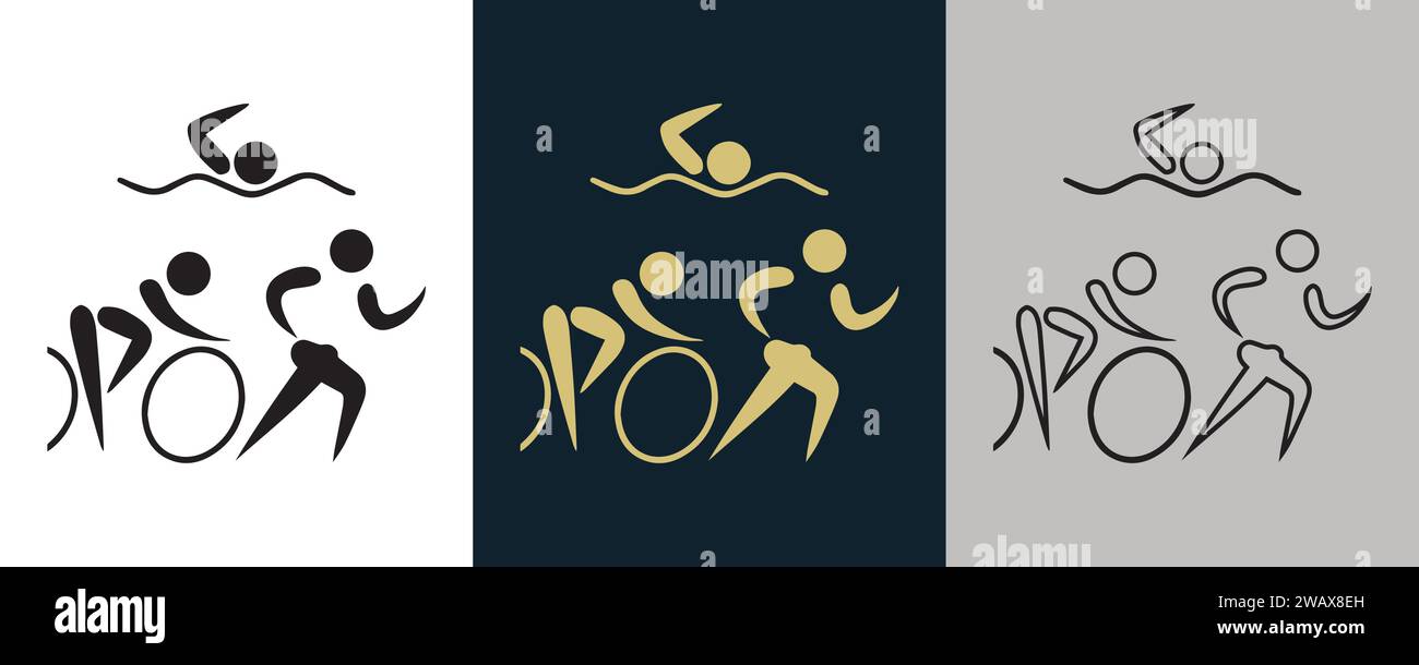 Pittogramma TRI Symbol Triathlon sul colore bianco e nero, logo a 3 stili, icona evento sportivo estivo, illustrazione vettoriale immagine astratta modificabile Illustrazione Vettoriale