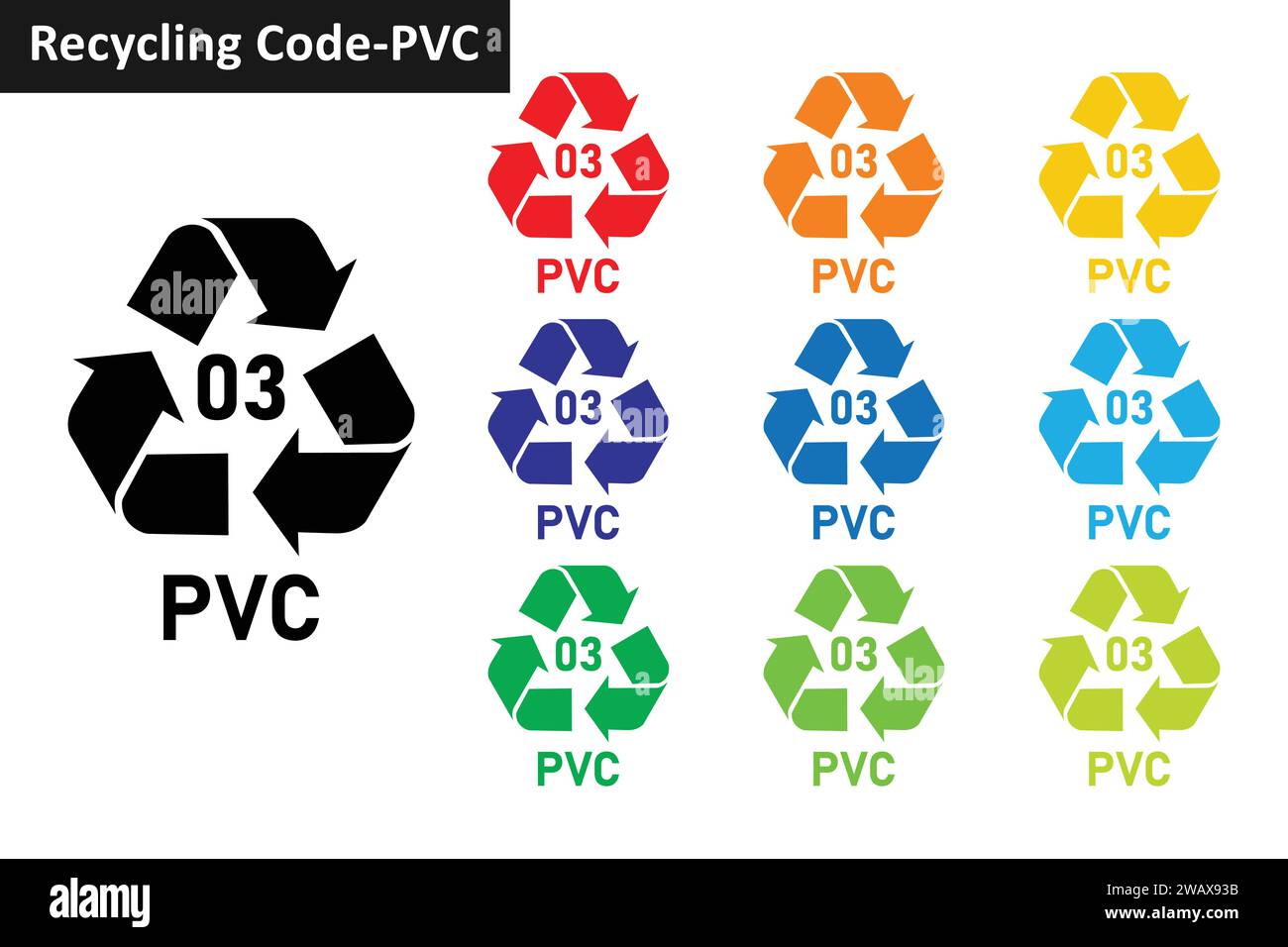 Set di icone del codice di riciclaggio della plastica in PVC. Simboli di riciclaggio della plastica Mobius 03 PVC. Raccolta icone codice 03 per il riciclaggio della plastica in dieci colori diversi. Illustrazione Vettoriale