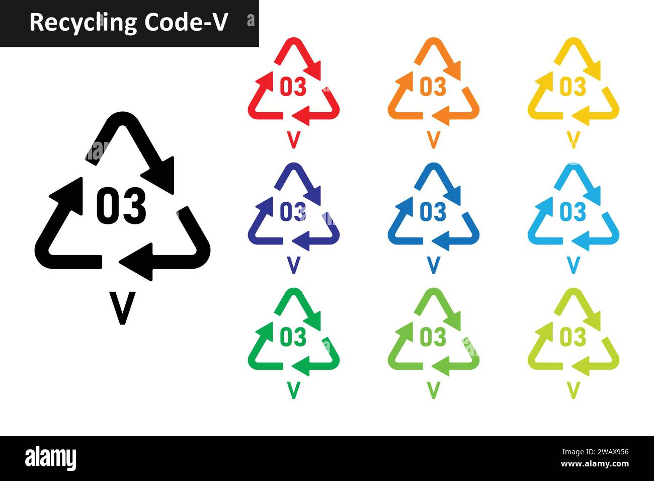 Set di icone codice riciclaggio plastica V. Simboli di riciclaggio della plastica 03 PVC. Raccolta icone codice 03 per il riciclaggio della plastica in dieci colori diversi. Illustrazione Vettoriale