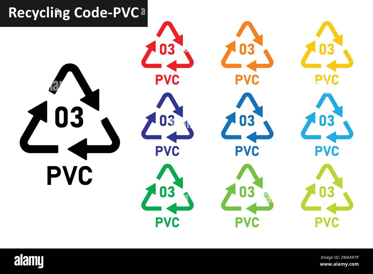 Set di icone del codice di riciclaggio della plastica in PVC. Simboli di riciclaggio della plastica 03 PVC. Raccolta icone codice 03 per il riciclaggio della plastica in dieci colori diversi. Illustrazione Vettoriale