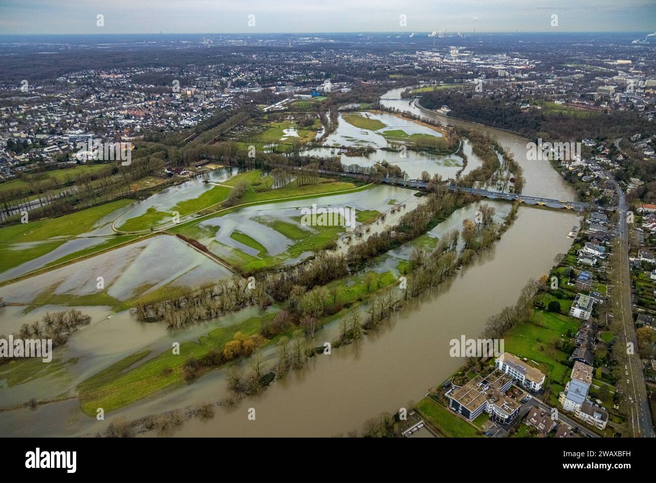 Luftbild, Ruhrhochwasser, Weihnachtshochwasser 2023, Fluss Ruhr tritt nach starken Regenfällen über die Ufer, Überschwemmungsgebiet Saarn-Mendener Ruhraue, Wiesen und Bäume im Wasser, Holthausen - West, Mülheim an der Ruhr, Ruhrgebiet, Nordrhein-Westfalen, Deutschland ACHTUNGxMINDESTHONRO - West, RUhr, RESRUHIND, RIND, RUHERS 2023 zona alluvionale Saarn Mendener Ruhraue, prati e alberi in acqua, Holthausen West, Mülheim an der Ruhr, regione della Ruhr, Renania settentrionale-Vestfalia, Germania ATTENTIONxMINDESTHONORARx60xEURO Foto Stock