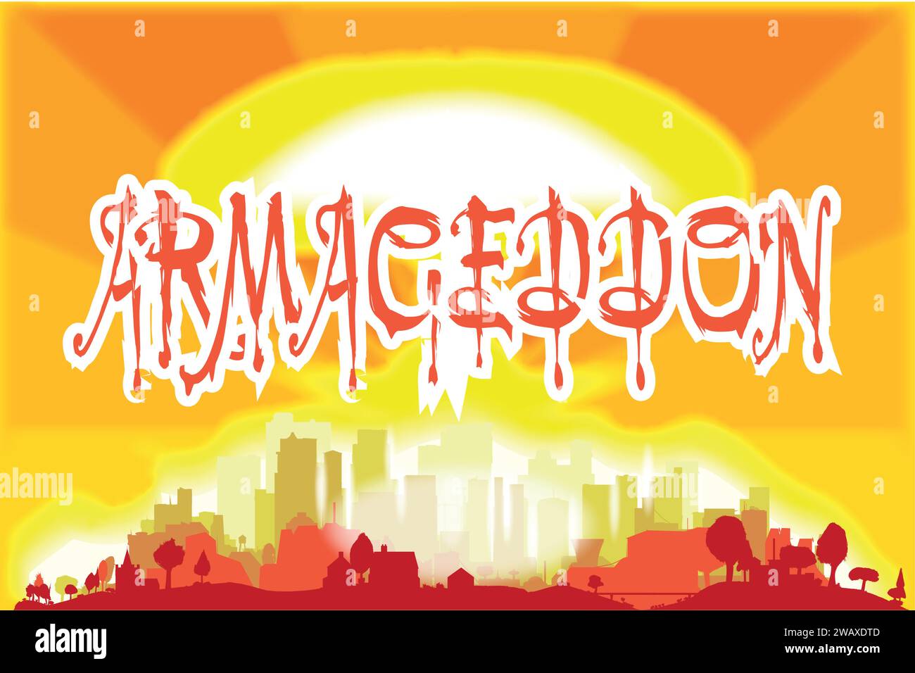 Un'esplosione di bomba all'idrogeno con sovrapposizione di testo di Armageddon che indica la fine del mondo Illustrazione Vettoriale