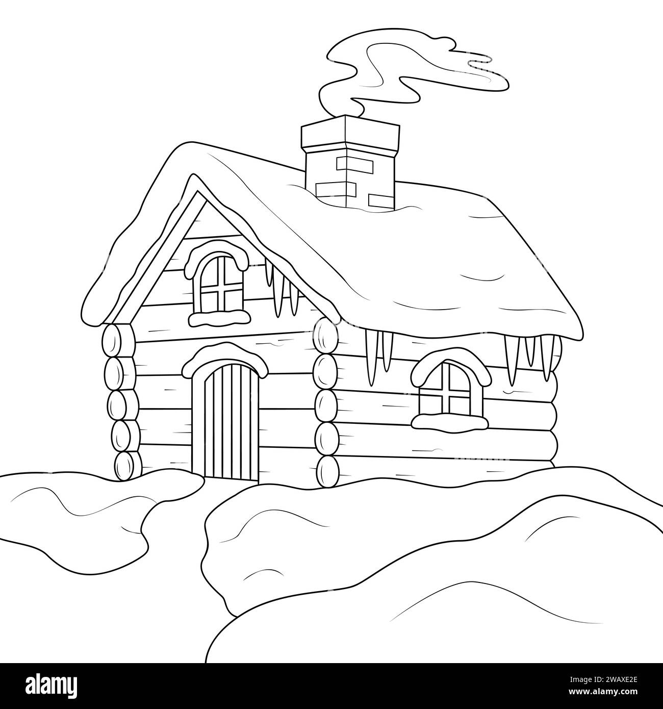 Una piccola casa invernale in legno con un tetto coperto di neve e fumo proveniente da un'immagine lineare vettoriale del camino per la colorazione. Profilo. Bianco e nero. Pagina colori Art Therapy. Illustrazione vettoriale Illustrazione Vettoriale
