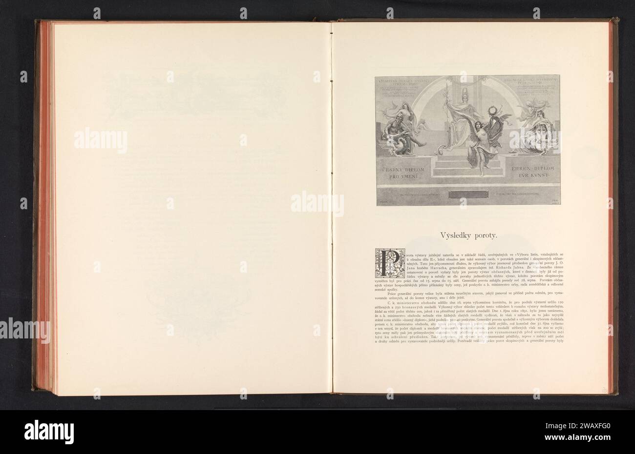Produzione fotografica di un disegno, che rappresenta un diploma della mostra d'arte di Praga nel 1891, Anonimo, c. 1891 - in o prima del 1893 stampa fotomeccanica Praga opuscolo di carta  materiale stampato. onorare l'artista con la corona di alloro Foto Stock