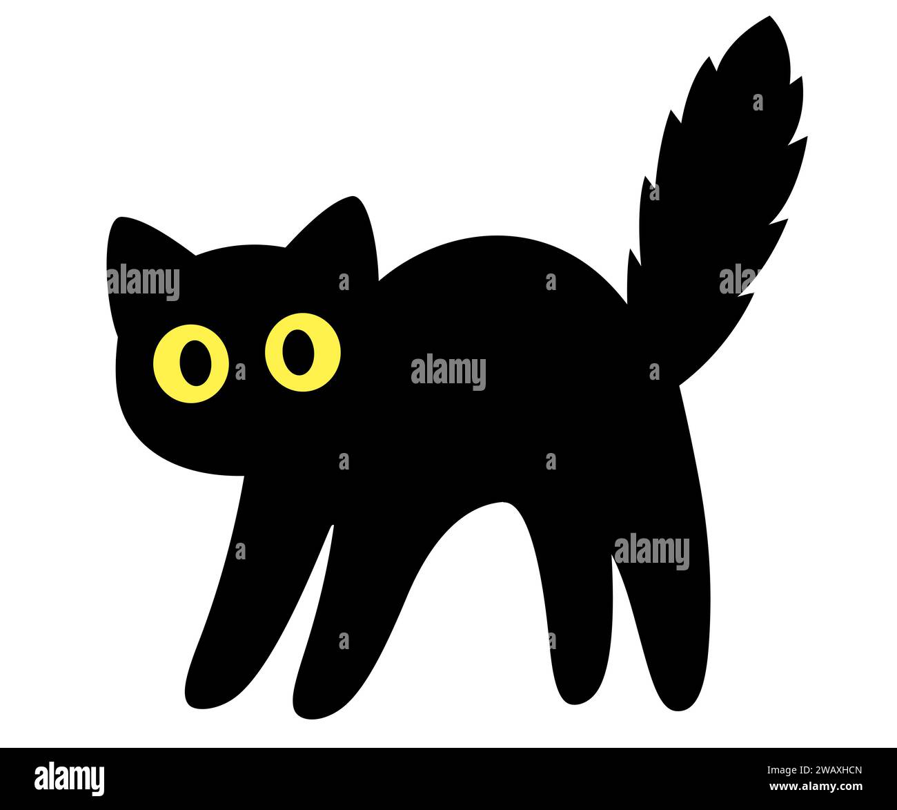 Silhouette nera del gatto del cartone animato. Gattino spaventato con schiena arcuata e grandi occhi. Icona semplice, illustrazione con clip vettoriale isolata. Illustrazione Vettoriale