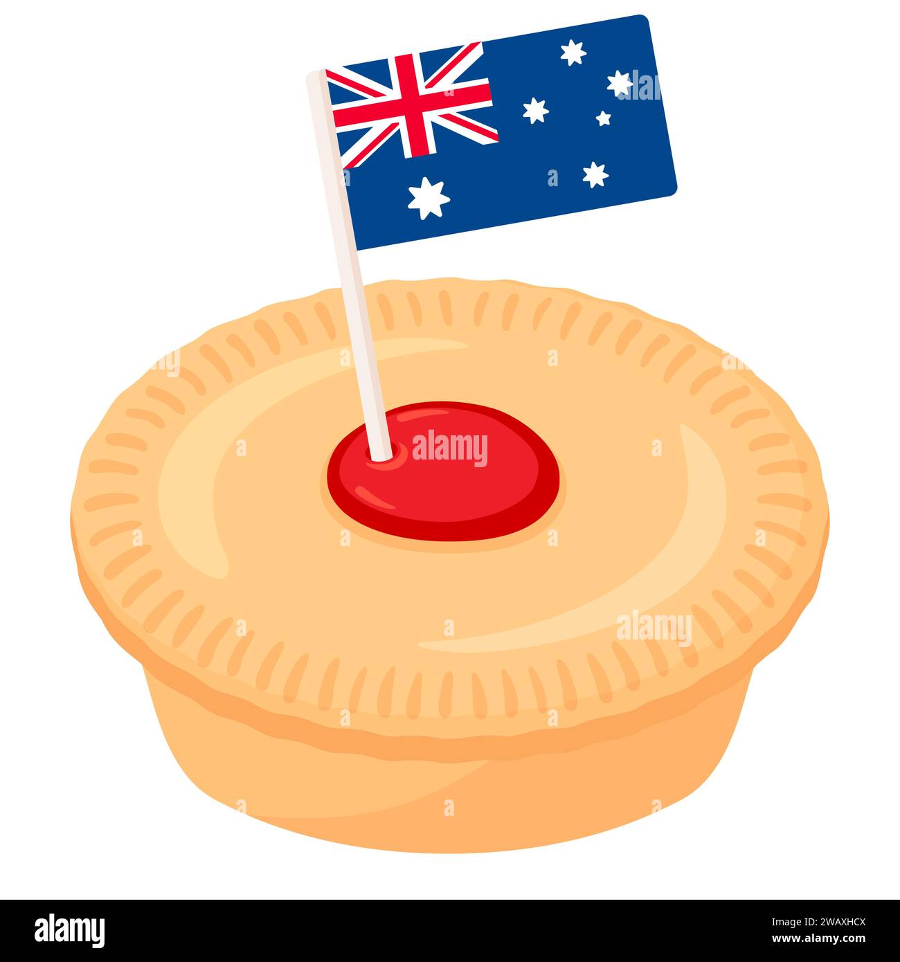 Cartone animato Aussie Meat Pie Drawing per l'Australia Day. Torta tradizionale con ripieno di manzo e bandiera australiana. Illustrazione grafica vettoriale isolata. Illustrazione Vettoriale