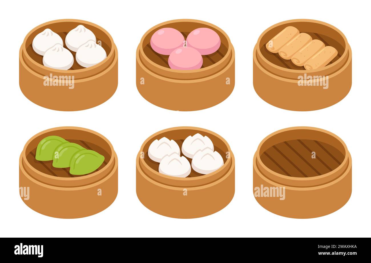 Dim sum, gnocchi cinesi tradizionali, in cesti di bamboo. Involtini primaverili, adesivi, bao Buns. Illustrazione vettoriale del cibo asiatico, cartone animato drawin Illustrazione Vettoriale