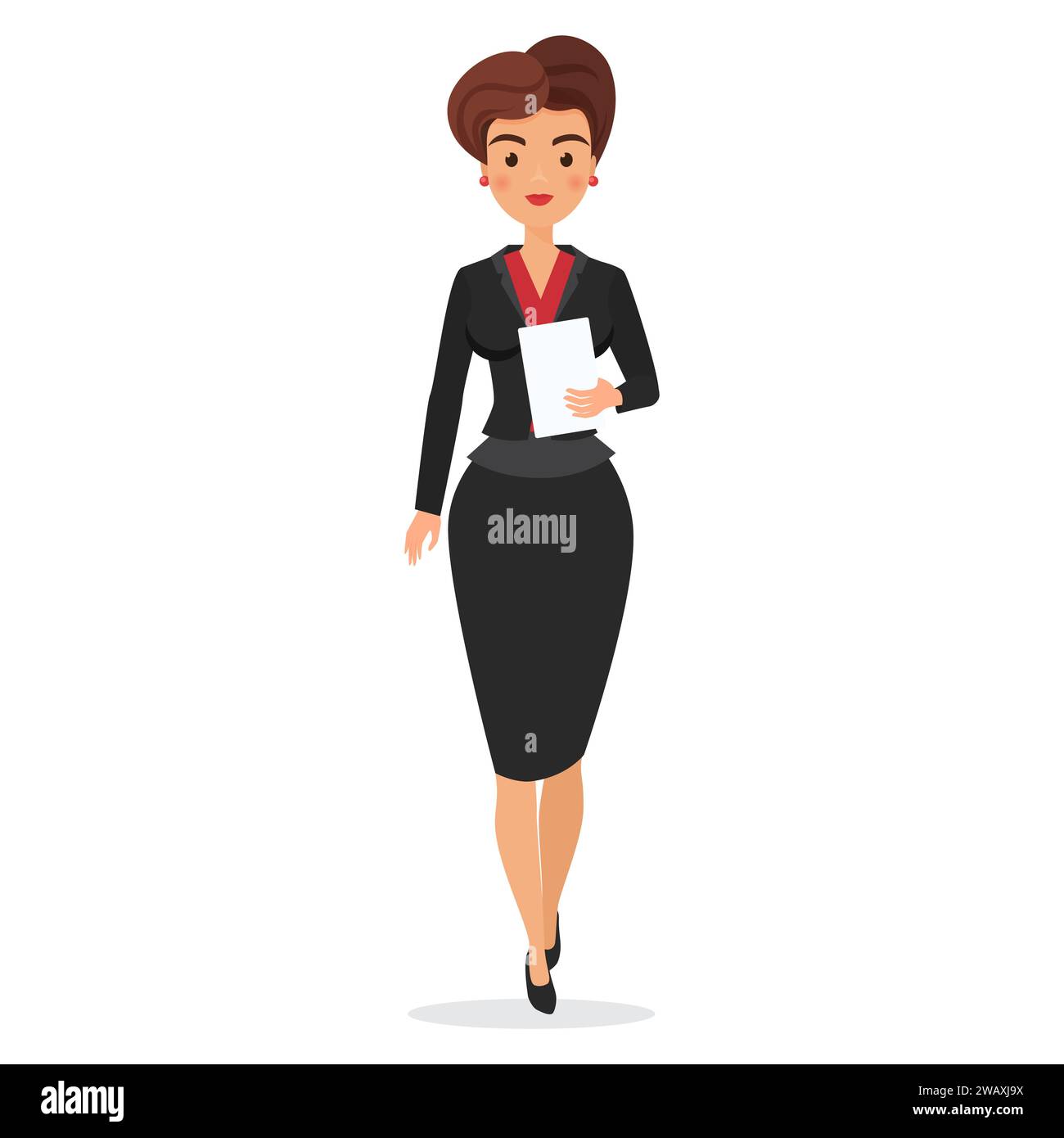 Una donna d'affari tiene documenti cartacei. Elegante illustrazione vettoriale di cartoni animati per direttori d'ufficio Illustrazione Vettoriale