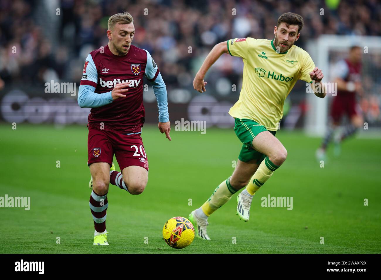 LONDRA, Regno Unito - 7 gennaio 2024: Jarrod Bowen del West Ham United in azione durante il terzo turno di fa Cup tra West Ham United e Bristol City FC al London Stadium (Credit: Craig Mercer/ Alamy Live News) Foto Stock