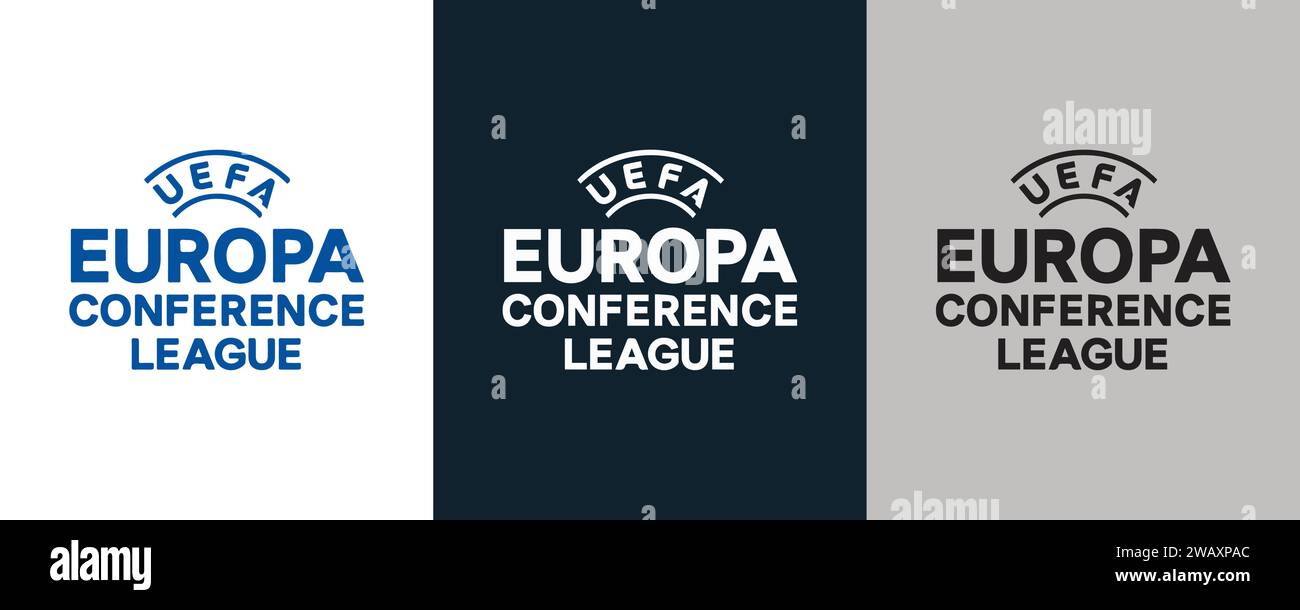 Europa Conference League colore bianco e nero Logo a 3 stili torneo europeo di calcio professionistico, illustrazione vettoriale Abstract immagine modificabile Illustrazione Vettoriale