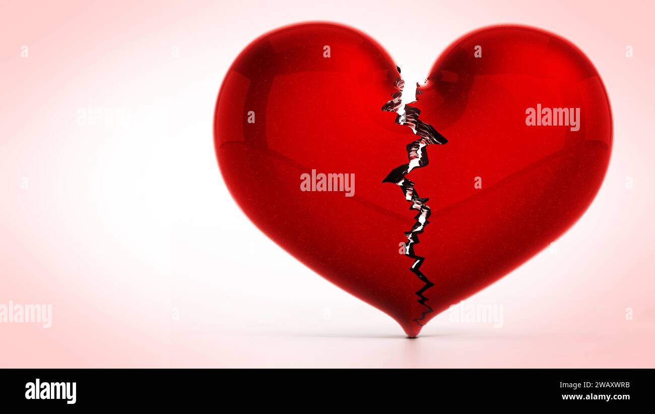 Cuore rotto e frantumato isolato su sfondo bianco. Illustrazione 3D. Foto Stock