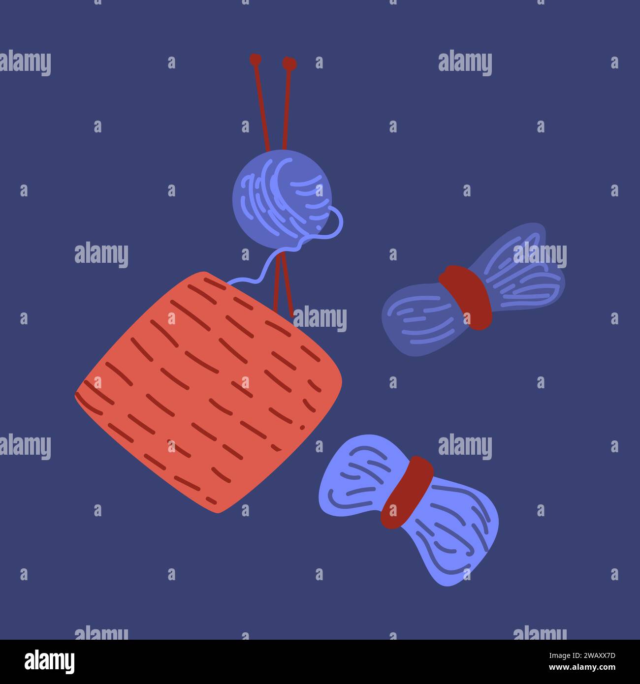 set per maglieria oggetti in filato di lana. Illustrazione vettoriale su sfondo blu. Illustrazione Vettoriale