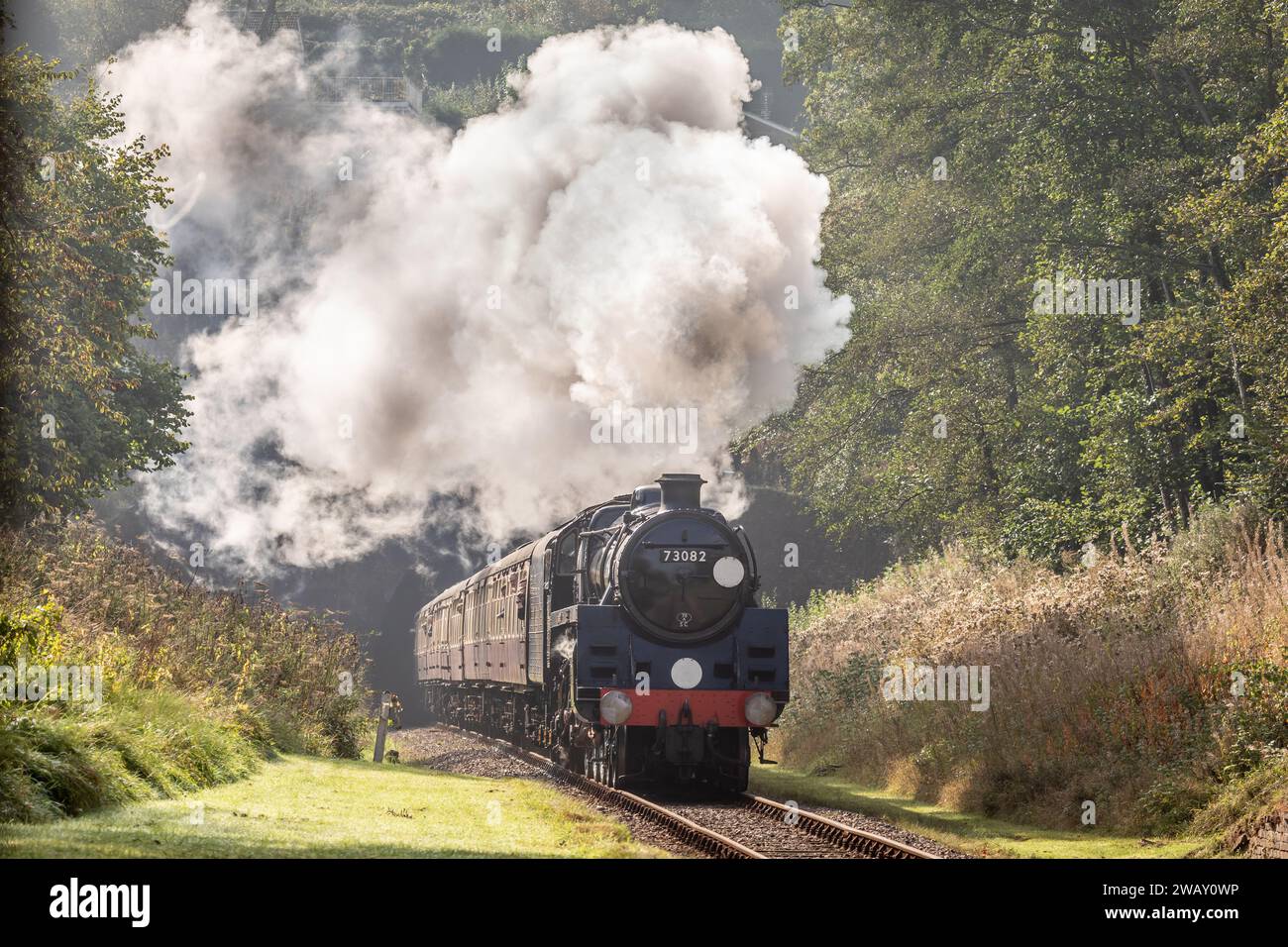 BR '5MT' 4-6-0 No. 73082 'Camelot' passa davanti al sito della stazione di West Hoathly sulla Bluebell Railway durante il loro Gala dei Giants of Steam Foto Stock