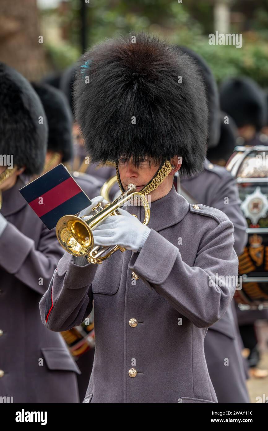 Cornet player delle Irish Guards, Birdcage Walk, Londra, Regno Unito Foto Stock