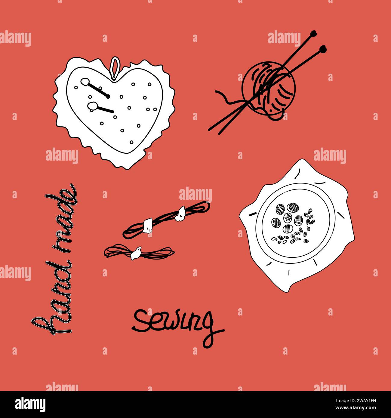 Set di cucire cuore e scritta fatti a mano, cucito, maglia. Illustrazione vettoriale su sfondo rosso. Sfondo del concetto di lavorazione a maglia e ricci fatti a mano. Illustrazione Vettoriale