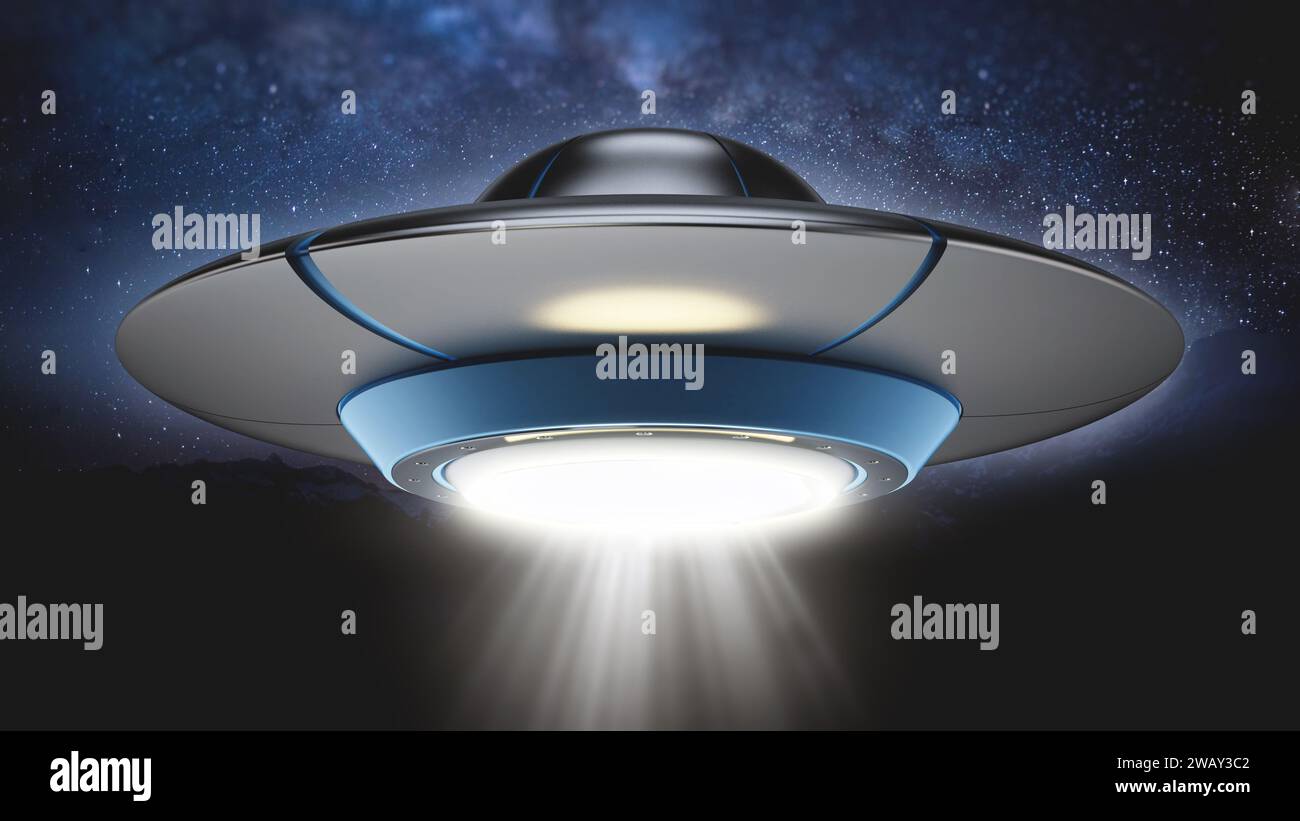 UFO con fascio di luce contro la notte. Figura 3D. Foto Stock
