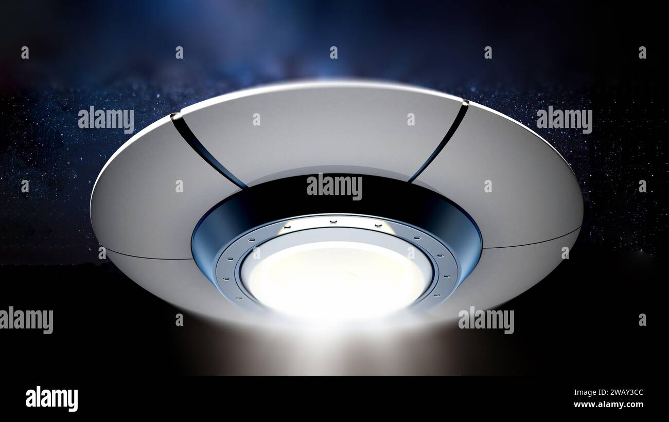 UFO con fascio di luce contro la notte. Figura 3D. Foto Stock