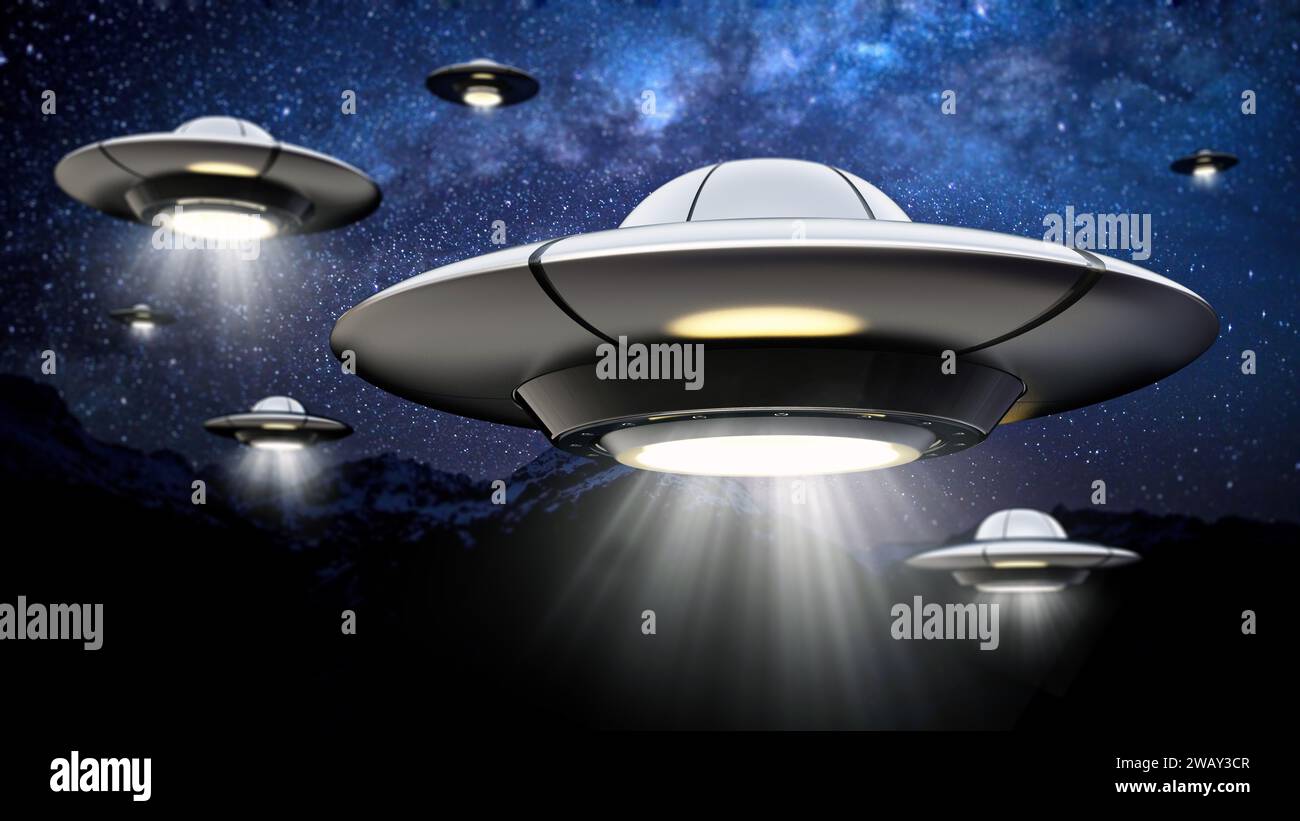 UFO con fascio di luce contro la notte. Figura 3D. Foto Stock