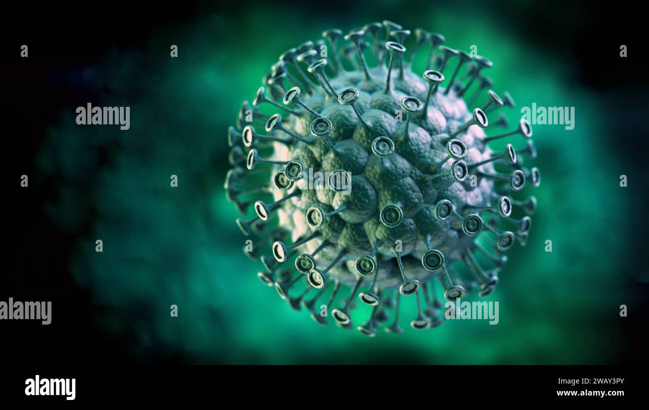 Virus verde generico su sfondo verde. Illustrazione 3D. Foto Stock