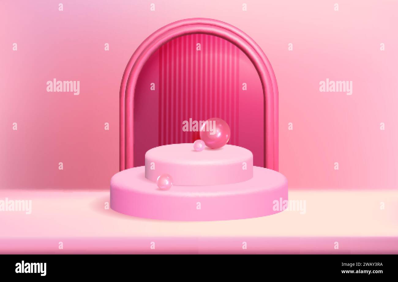 Realistico podio con piedistallo a cilindro 3d rosa con sfere sferiche e arco. Design astratto della piattaforma della sala studio. Vetrina sul palco, scena minima per la mostra dei prodotti, esposizione promozionale. Illustrazione vettoriale. Illustrazione Vettoriale