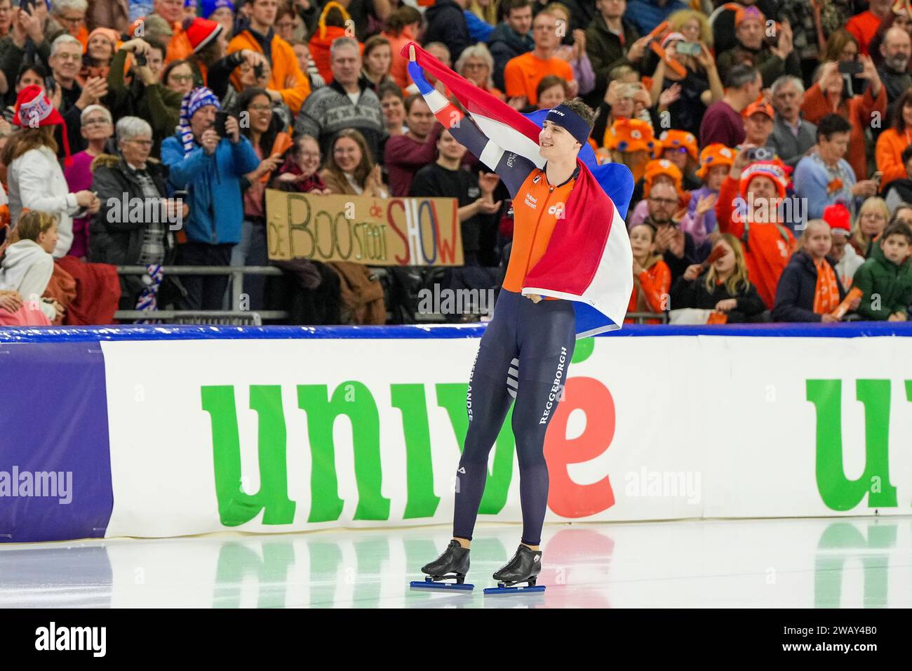 Heerenveen, Paesi Bassi. 7 gennaio 2024. HEERENVEEN, PAESI BASSI - 7 GENNAIO: Jenning de Boo gareggia sui Mens 500m durante i Campionati europei di pattinaggio di velocità ISU a Thialf il 7 gennaio 2024 a Heerenveen, Paesi Bassi. (Foto di Douwe Bijlsma/Orange Pictures) credito: dpa/Alamy Live News Foto Stock