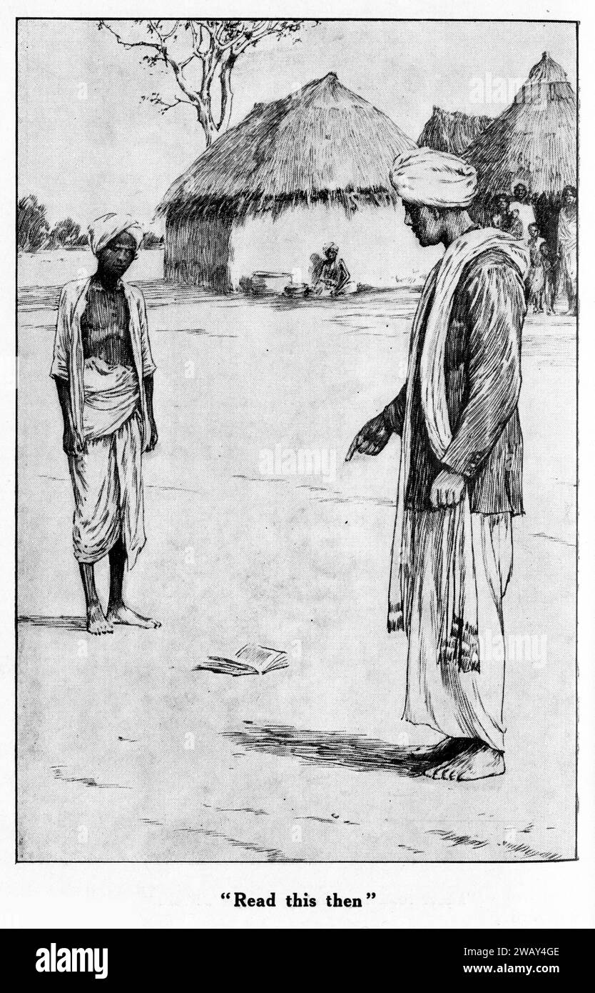 Incisione di un anziano che sfida un giovane a leggere un libro che giace per terra in India, intorno al 1928. Foto Stock