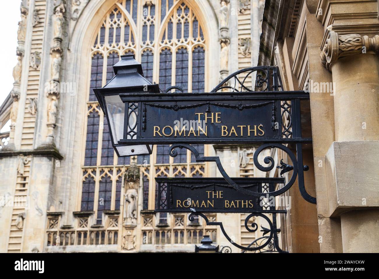 Indicazioni per le terme romane di Bath, Inghilterra. Una popolare e storica attrazione turistica. Foto Stock