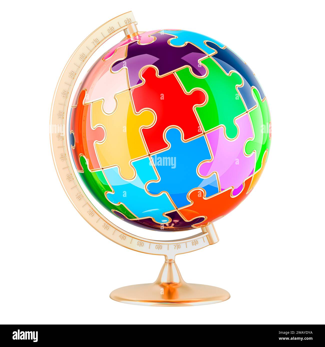 World Globe da puzzle colorati, rendering 3D isolato su sfondo bianco Foto Stock