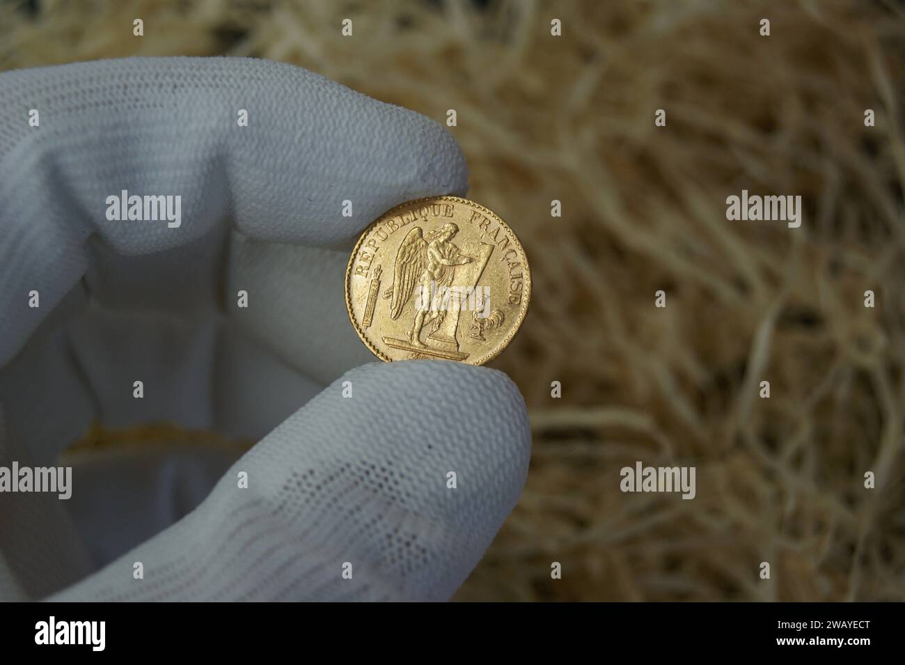 Una vecchia moneta d'oro francese in mano a un numismatico. 20 franchi 1885. Foto Stock