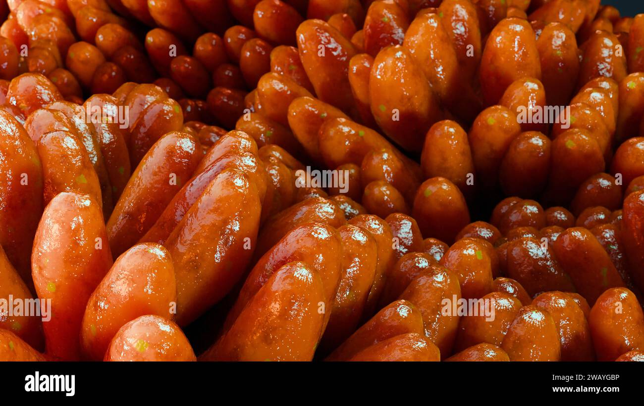 Villi intestinali, microvilli rossi in un tratto intestinale. Primo piano, Microbiologia, anatomia, biologia, scienza, concetti di medicina, medicina e assistenza sanitaria Foto Stock