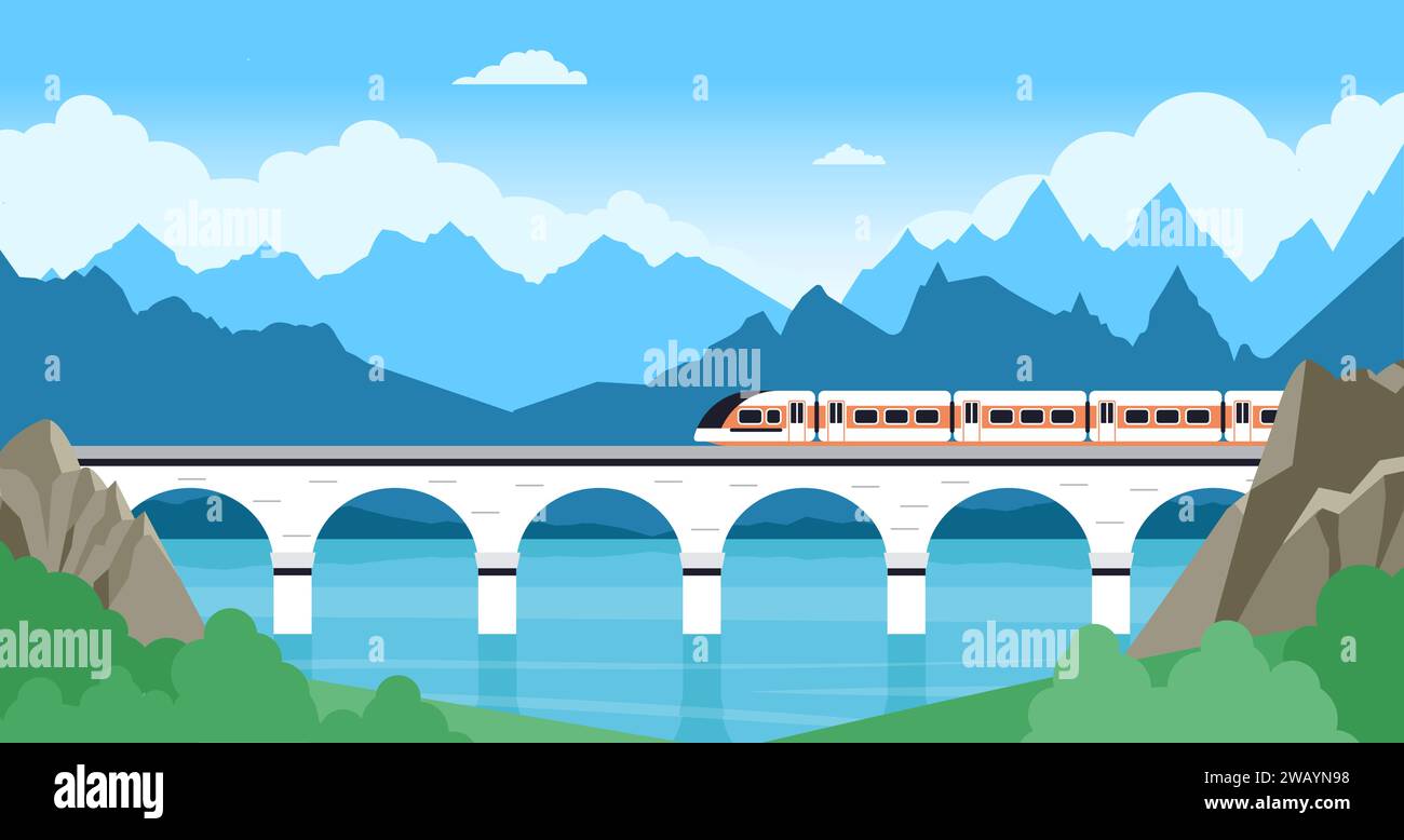 Treno sul paesaggio del ponte. Ferrovia elettrica in montagna, viaggi e avventure. Trasporto veloce su una ferrovia moderna, viaggiando in un vettore decente Illustrazione Vettoriale