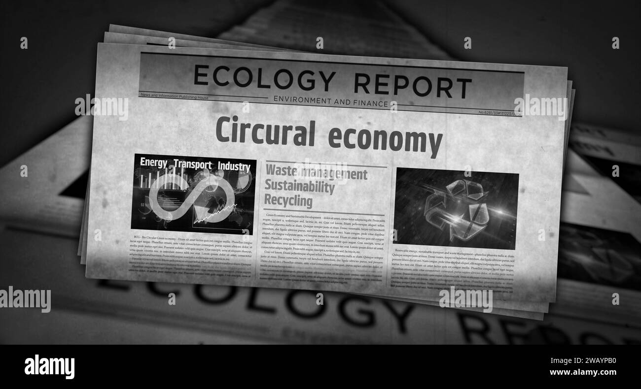 Economia circolare ed ecologia industria dei rifiuti zero notizie vintage e stampa di giornali. Titolo retro concept astratto illustrazione 3D. Foto Stock