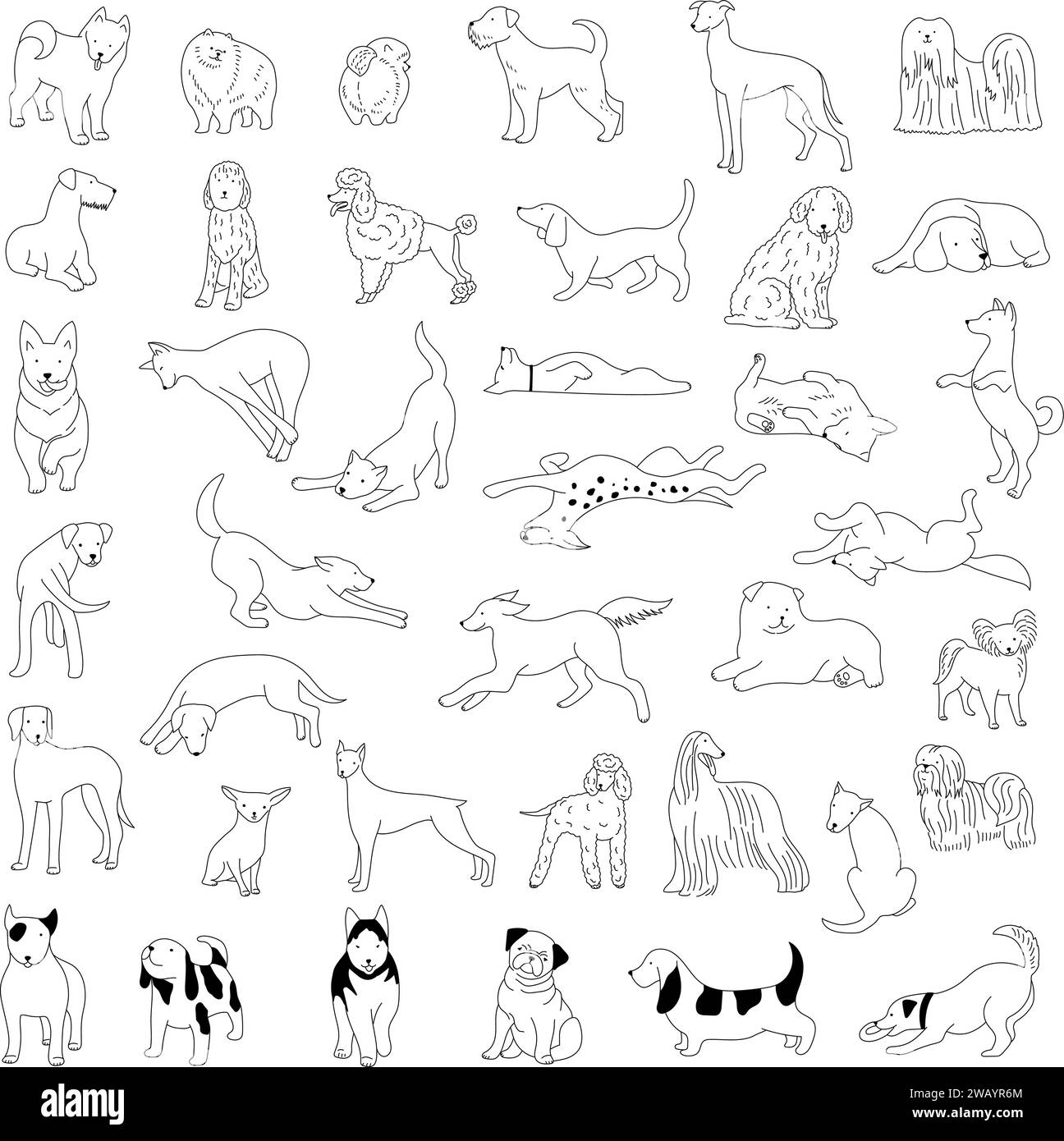 Doodle Dog. Happy Domestic Animals illustrazioni cani lineari recente set di immagini vettoriali disegnate a mano Illustrazione Vettoriale