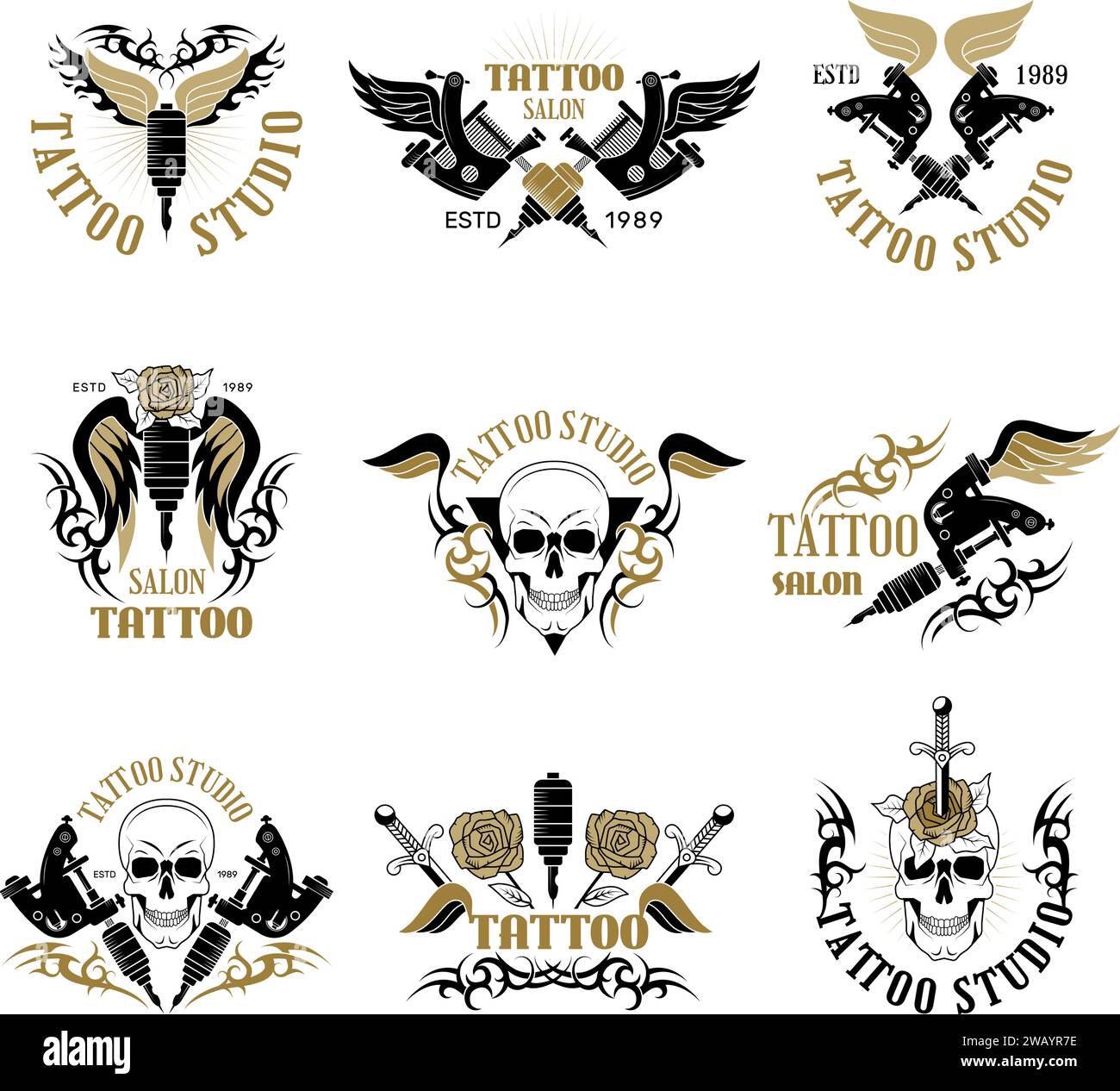Salone dei tatuaggi. Set di logotipi di Art Studio recente logo del tatuaggio vettoriale Illustrazione Vettoriale