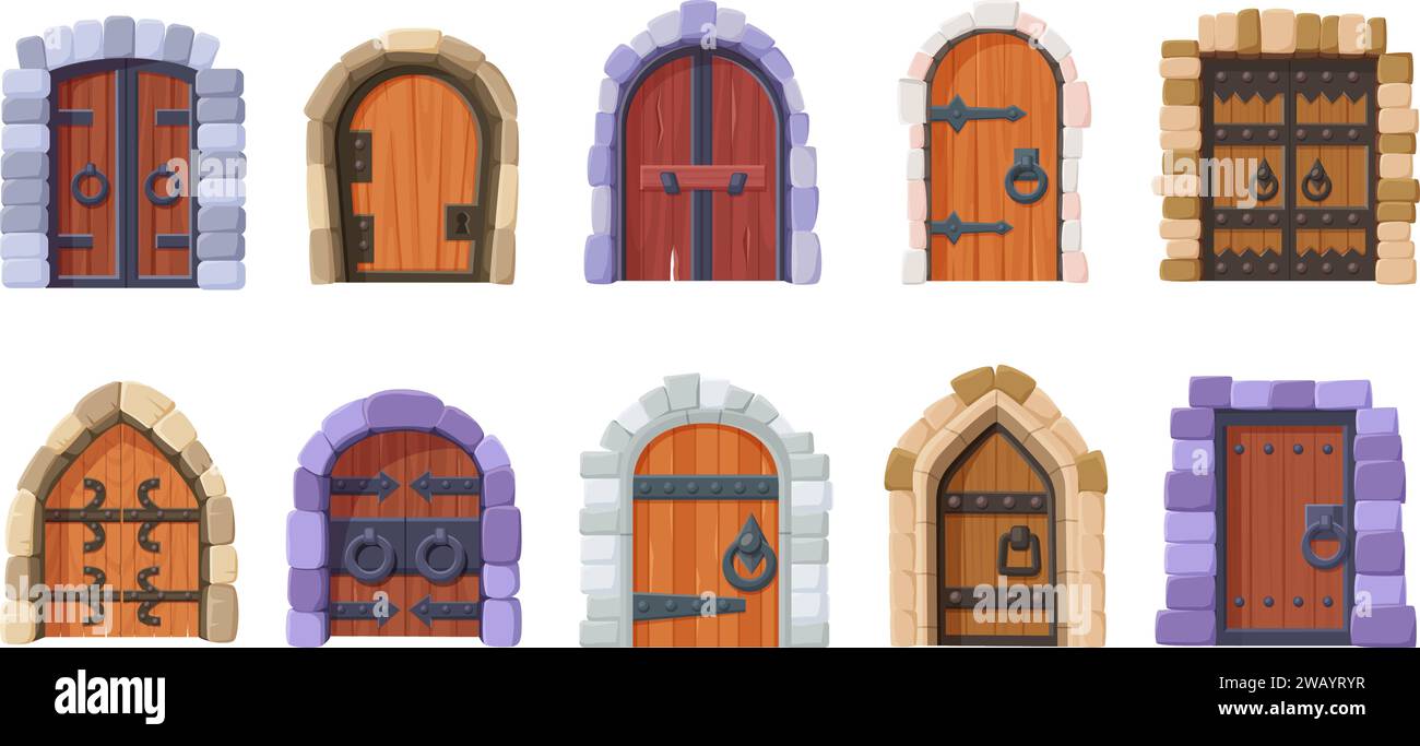 Porte medievali. Porte isolate del castello in legno per cartoni animati o ingresso sotterraneo. Porta in legno con arco in pietra ed elementi in metallo, set vettoriale di oggi Illustrazione Vettoriale