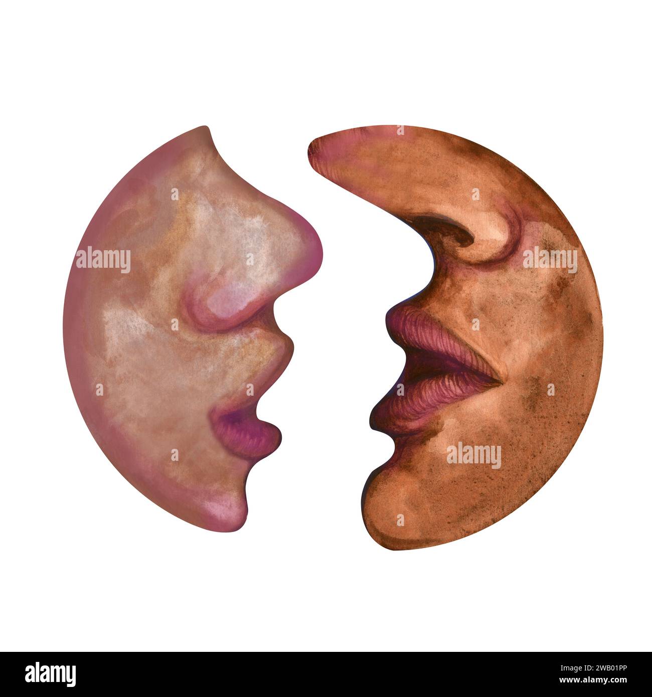 Illustrazione ad acquerello di un bacio di una coppia innamorata del contorno della Luna per San Valentino, matrimonio, fidanzamento, adesivo, modello, pittur Foto Stock