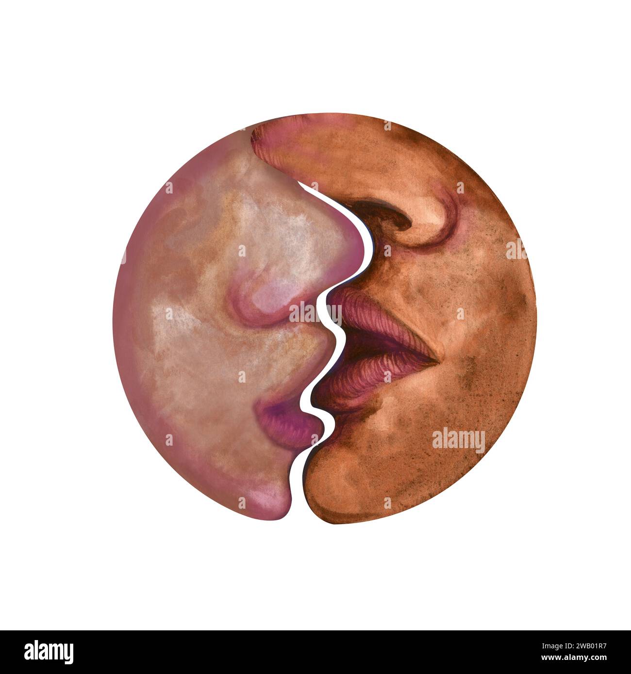 Illustrazione ad acquerello di un bacio di una coppia innamorata del contorno della Luna per San Valentino, matrimonio, fidanzamento, adesivo, modello, pittur Foto Stock
