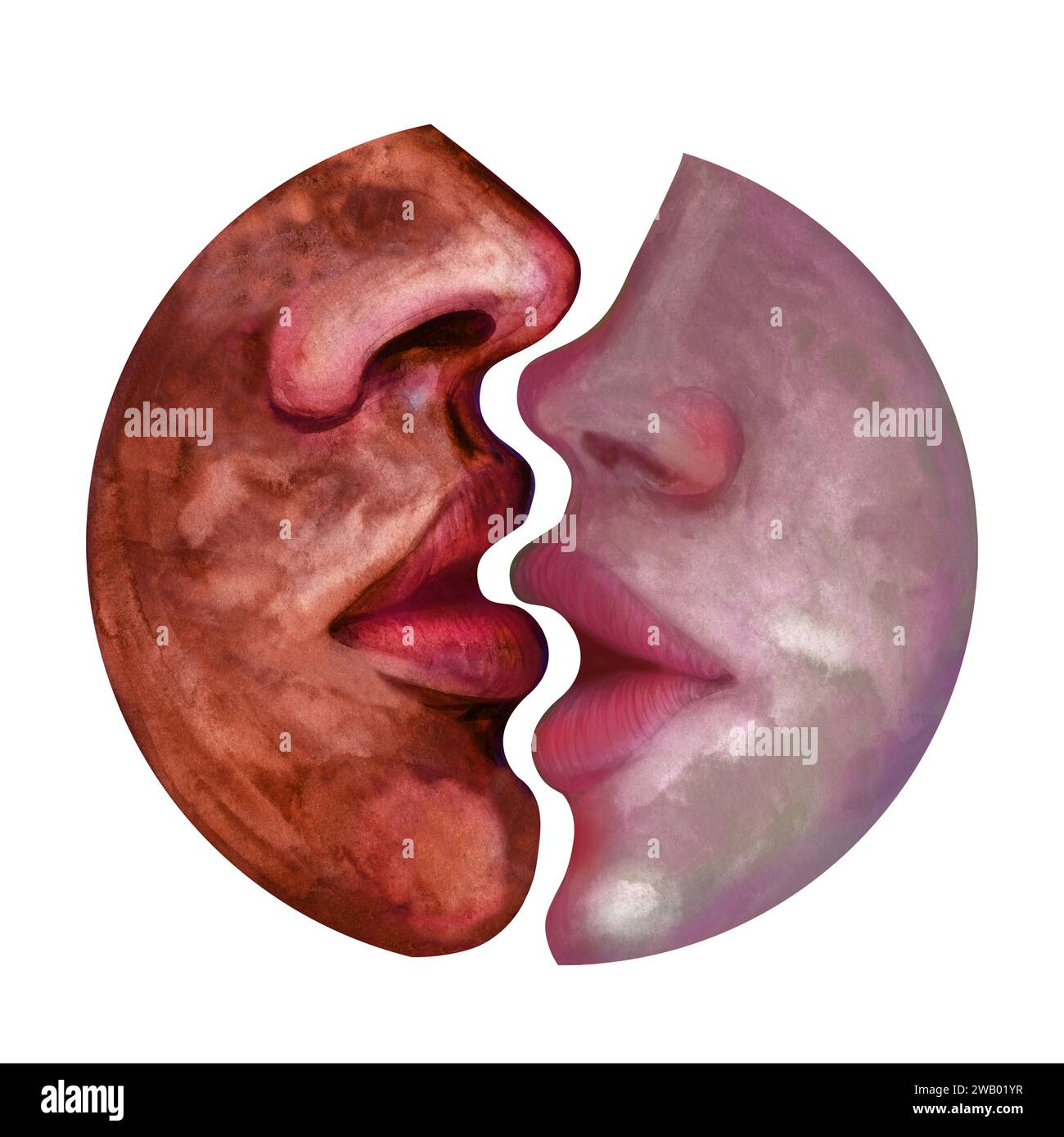 Illustrazione ad acquerello di un bacio di una coppia innamorata del contorno della Luna per San Valentino, matrimonio, fidanzamento, adesivo, modello, pittur Foto Stock