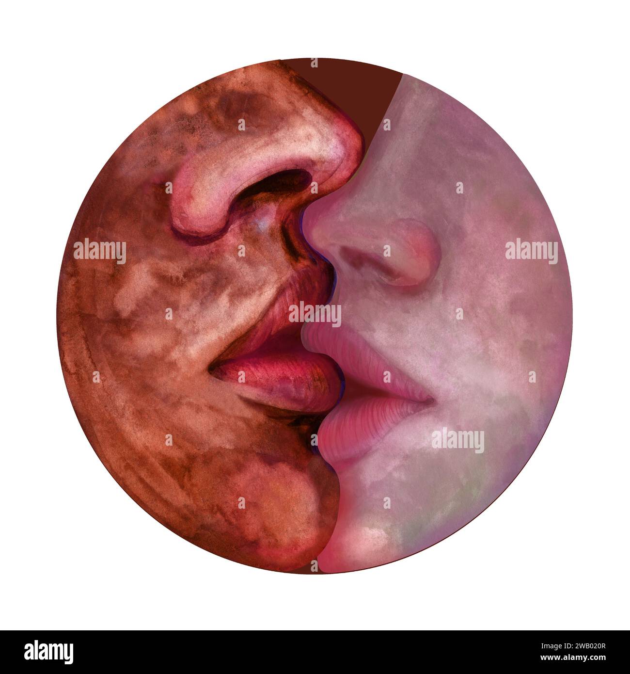 Illustrazione ad acquerello di un bacio di una coppia innamorata del contorno della Luna per San Valentino, matrimonio, fidanzamento, adesivo, modello, pittur Foto Stock