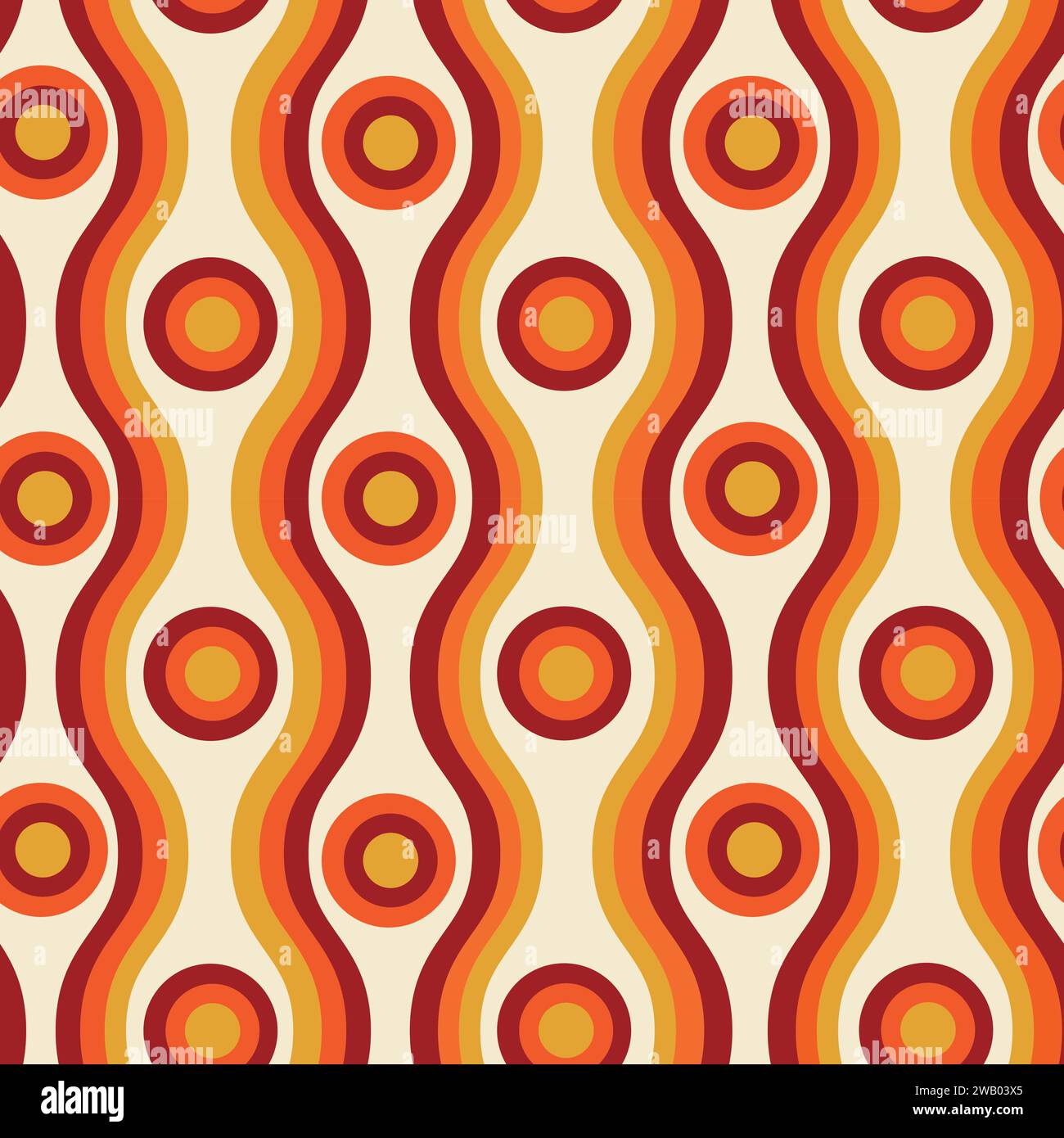 Cerchi geometrici retrò sulle linee curve ovali degli anni '70 motivo senza cuciture in arancione, Bordeaux e senape su sfondo crema chiaro. Per tessuto, W Illustrazione Vettoriale