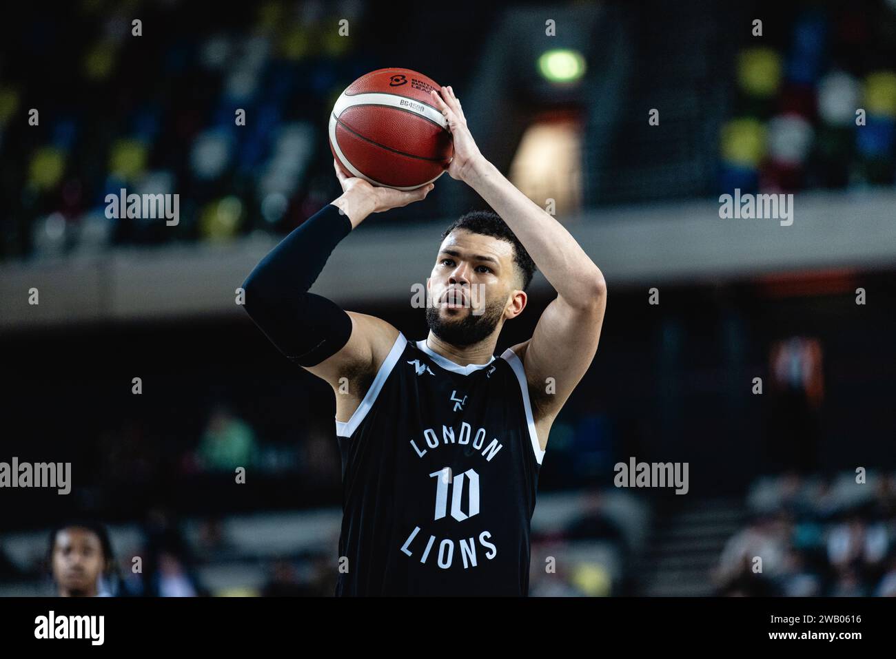 I London Lions sconfiggono i Leicester Riders nelle fasi a gironi del Trofeo. Copperbox Arena, Londra, 7 gennaio 2024. Luke Nelson dei London Lions. Copyright Caroljmoir. Foto Stock